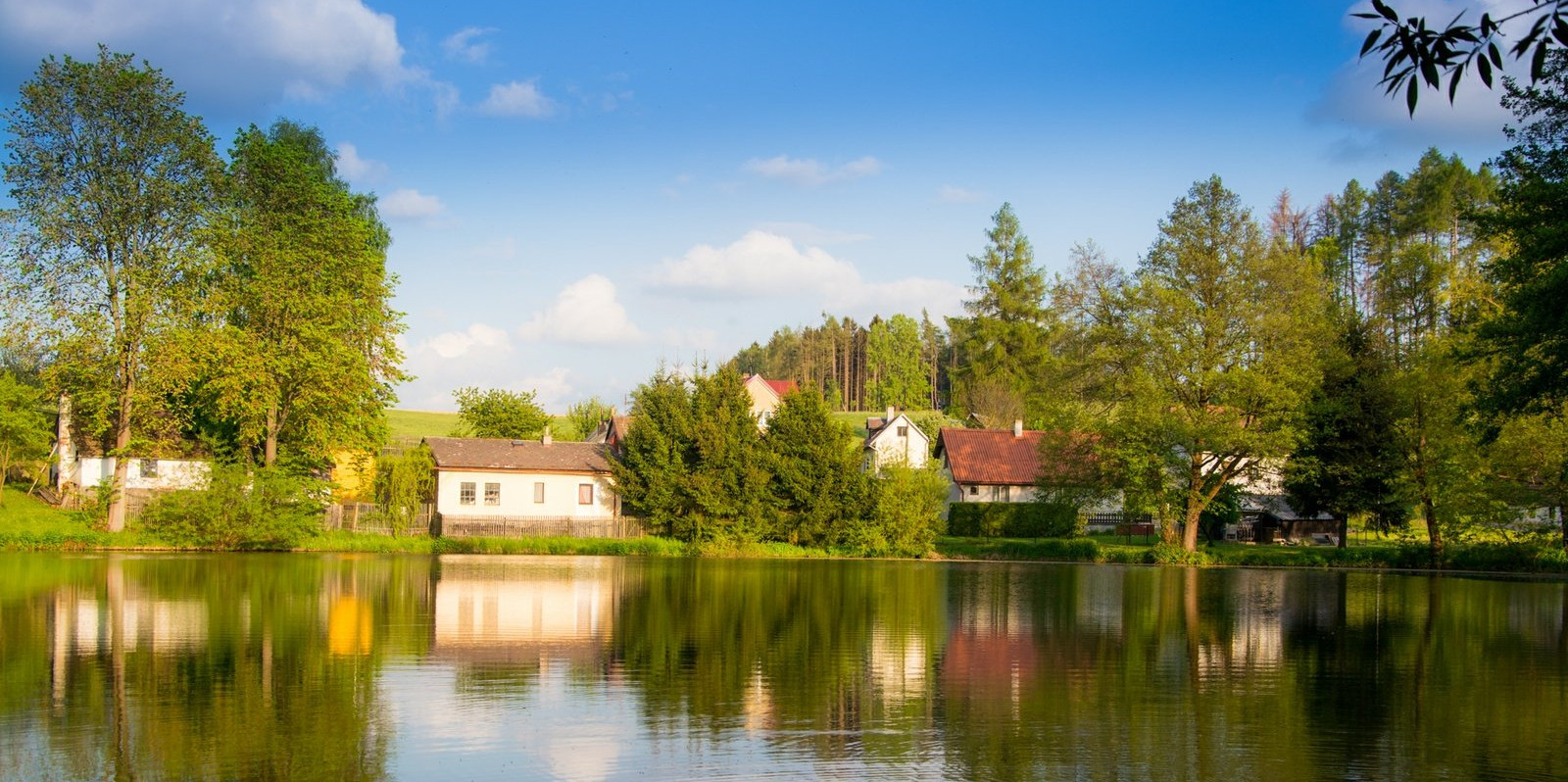 Pohled na obec Eš od rybníka